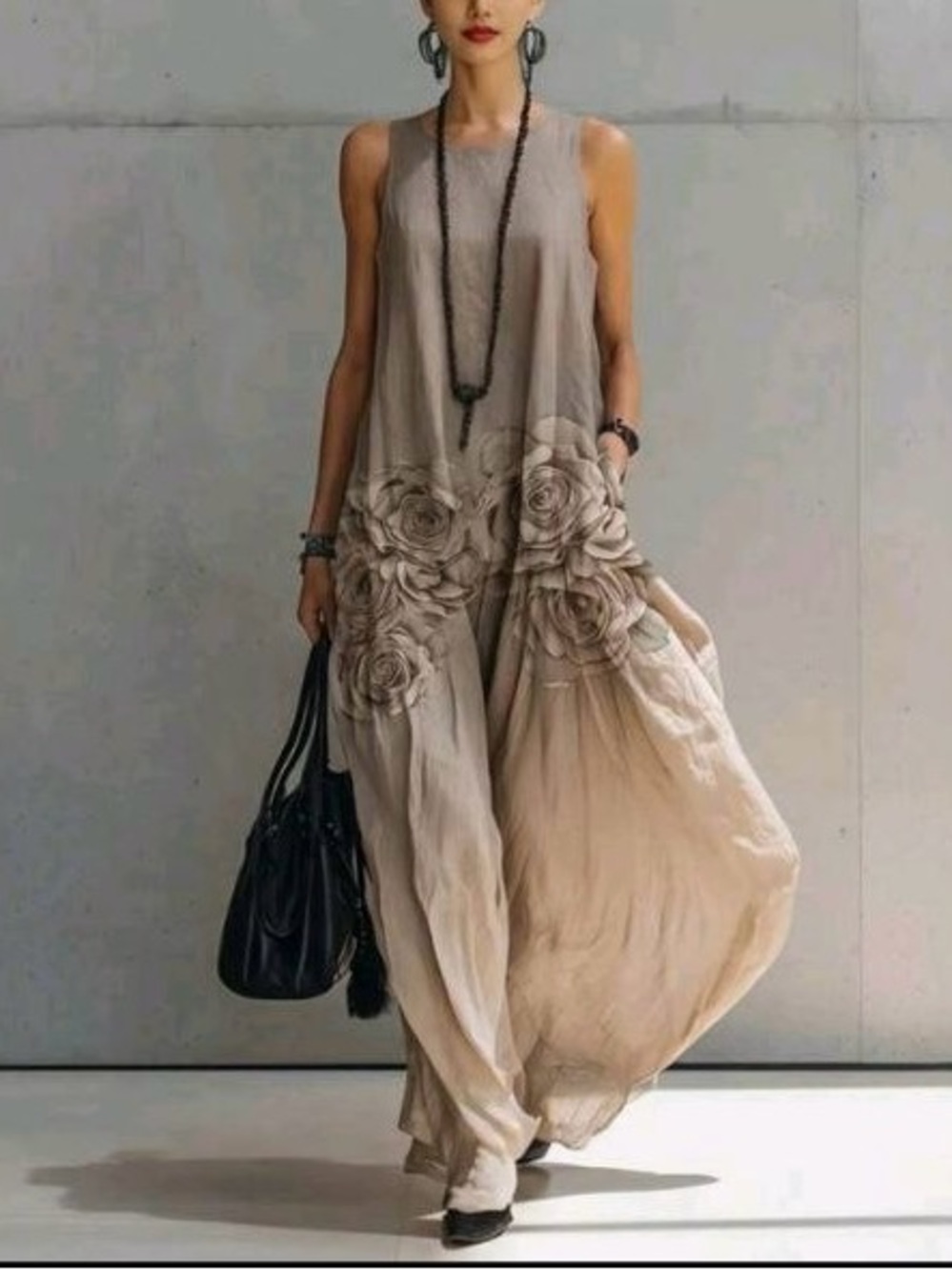 Sleeveless Floral Embroidered Maxi Dress in Beige - Picture 1 of 1